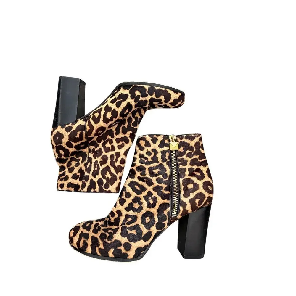 Michael Kors Ankle Boots Size 8.5 Leopard Genuine Calf Hair Block Heel